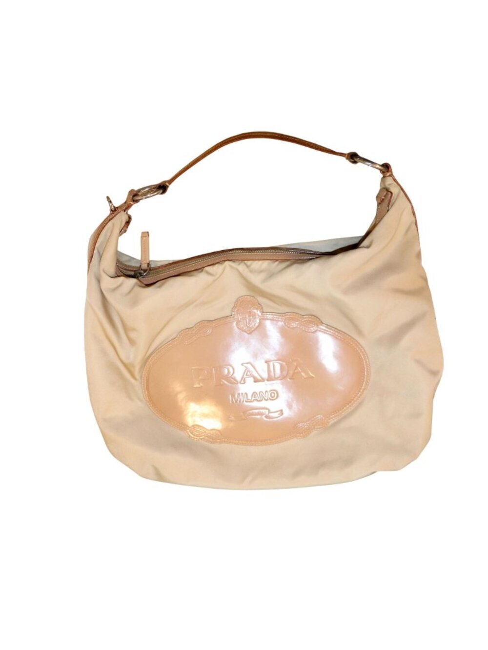 Prada Tessuto Beige Nylon & Patent Leather Hobo Shoulder Bag with COA